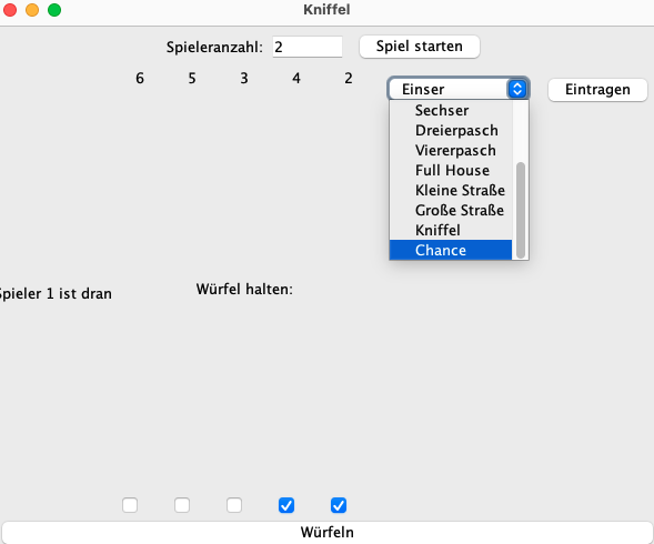 Kniffel – Screenshot der Java-Implementierung